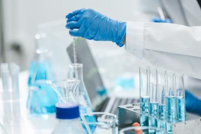 medicine research in chemical laboratory, chemist scientist working with liquid experiment test analysis by using scientific tube beaker glassware, chemistry science pharmaceutical medical lab concept