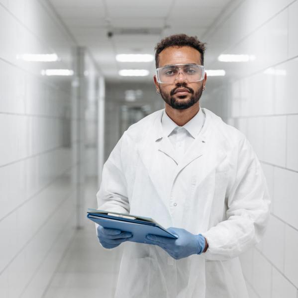 male lab tech with clipbaord