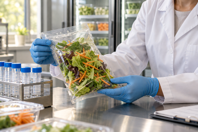 Lab Scientist Handling Sealed Salad Sample@2x